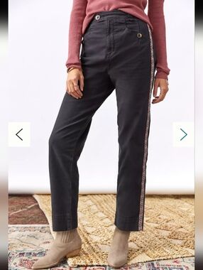 By Anthropologie 2 Black Tapered Boho Pink Embroidered Stripe Side Panel Pants